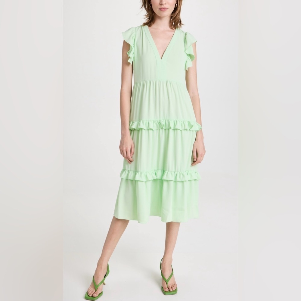Amanda Uprichard Chamonille Dress XS Green Ruffle Tiered Midi Short Sleeve EUC